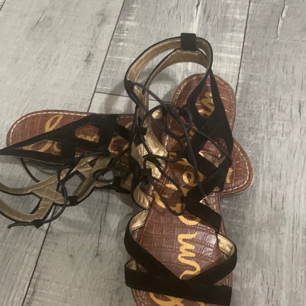 Sam Edelman Emma Gladiator Sandal Black Suede Faux Leather Lace Up EUC